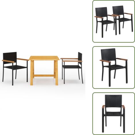 3-tlg. Garten-Essgruppe Schwarz - Gartensessel - Gartentisch - Outdoor Möbel - Holztisch - Rattanstuhl