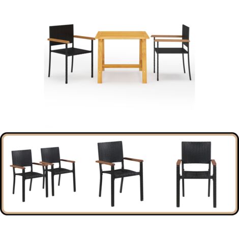 3-tlg. Garten-Essgruppe Schwarz - Gartensessel - Gartentisch - Outdoor Möbel - Holztisch - Rattanstuhl