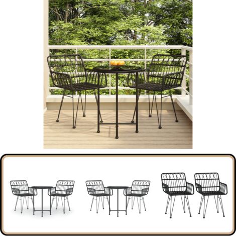 3-tlg. Garten-Essgruppe Schwarz Poly Rattan - Gartensessel - Gartentisch - Outdoor Möbel - Balkonmöbel - Terrassenmöbeln