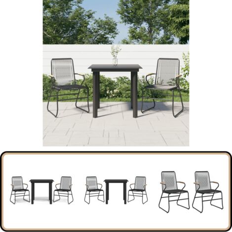 3-tlg. Garten-Essgruppe Schwarz PVC Rattan - Gartensessel - Gartentisch - Outdoor Möbel - Gartenmöbel Set - PVC-Rattan