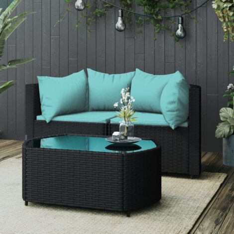 3-tlg. Garten-Lounge-Set, Gartenmöbel-Set, Terrassen-Sitzgruppe mit Kissen Schwarz Poly Rattan ZDEH20458 BonneVie