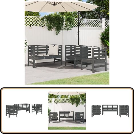 3-tlg. Garten-Lounge-Set Grau Massivholz Kiefer - Gartenmöbel - Loungesessel - Gartenloungeset - Kiefernholzmöbel - Rattan Möbel