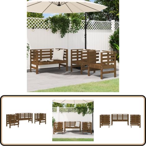 3-tlg. Garten-Lounge-Set Honigbraun Massivholz Kiefer - Gartenmöbel - Loungesessel - Gartenbank - Kiefernholzmöbel - Rattan Möbel