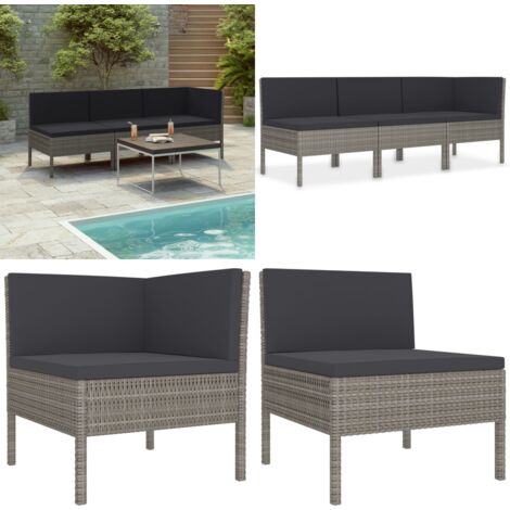 3-tlg. Garten-Lounge-Set mit Auflagen Poly Rattan Grau - Gartenmöbel - Loungesessel - Outdoor Furniture - Rattan Gartenmöbel - Sofa Set - Home & Living