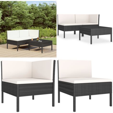 3-tlg. Garten-Lounge-Set mit Auflagen Poly Rattan Schwarz - Gartengestell - Loungeset - Gartenmöbel - Outdoormöbel - Rattanmöbel - Home & Living