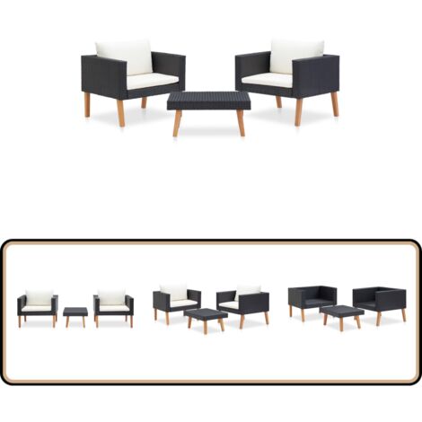 3-tlg. Garten-Lounge-Set mit Auflagen Poly Rattan Schwarz - Gartensitzgruppe - Loungesessel - Outdoor-Möbel - Gartenmöbel-Set - Rattan Gartenmöbel