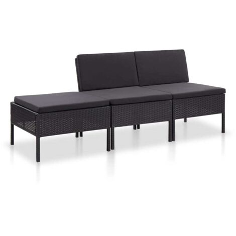 3-tlg. Garten-Lounge-Set mit Auflagen Poly Rattan Schwarz vidaXL