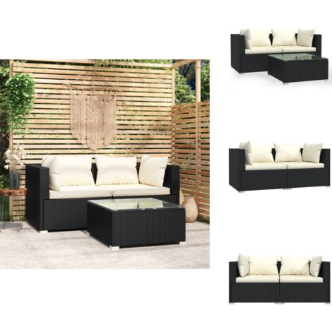 3-tlg. Garten-Lounge-Set mit Auflagen Schwarz Poly Rattan - Gartengeräte - Lounge Set - Gartenmöbel - Outdoor Furniture - Esszimmergarnitur