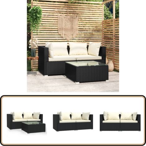 3-tlg. Garten-Lounge-Set mit Auflagen Schwarz Poly Rattan - Gartengeräte - Lounge Set - Gartenmöbel - Outdoor Furniture - Esszimmergarnitur
