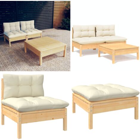 3-tlg. Garten-Lounge-Set mit Creme Kissen Kiefernholz - Gartenmöbeln - Loungesessel - Kiefernholz Möbel - Outdoor Furniture - Gartengeräte - Home & Living