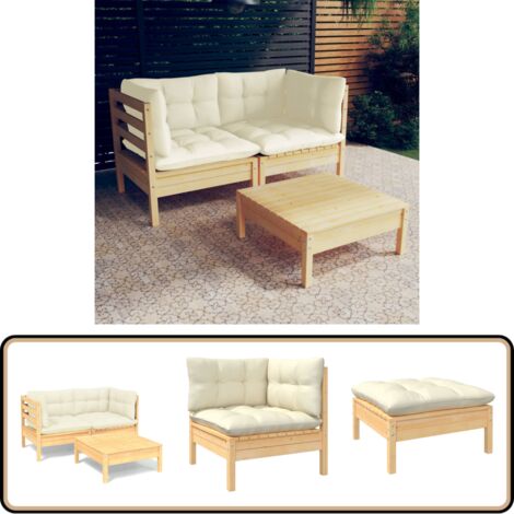 3-tlg. Garten-Lounge-Set mit Creme Kissen Kiefernholz - Gartenzubehör - Gartenmöbel - Loungemöbel - Esszimmergarnitur - Outdoor Möbel