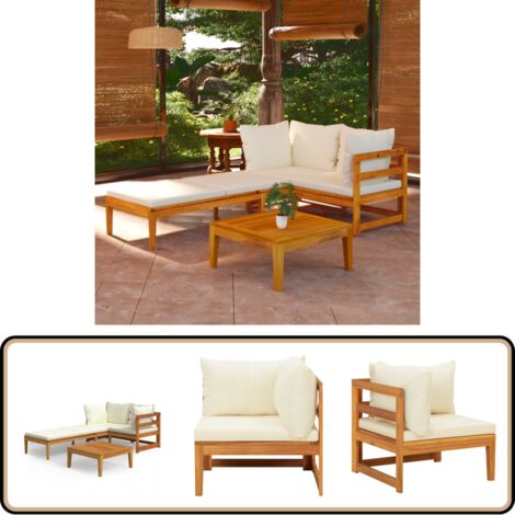 3-tlg. Garten-Lounge-Set mit Cremeweißen Kissen Massivholz Akazie - Gartensofa - Lounge Set - Gartenmöbeln - Holz Möbel - Akasienholzmöbel