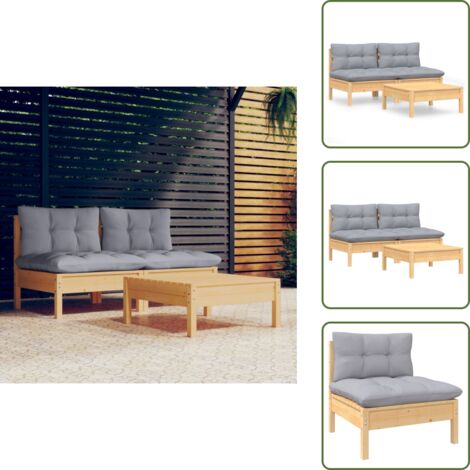 3-tlg. Garten-Lounge-Set mit Grauen Kissen Kiefernholz - Gartenmöbeln - Loungesessel - Rattan Möbel - Outdoor Furniture - Kiefernholz