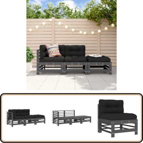 3-tlg. Garten-Lounge-Set mit Kissen Grau Massivholz - Gartenmöbel - Loungesessel - Gartenloungeset - Rattan Möbel - Holz Gartenmöbel