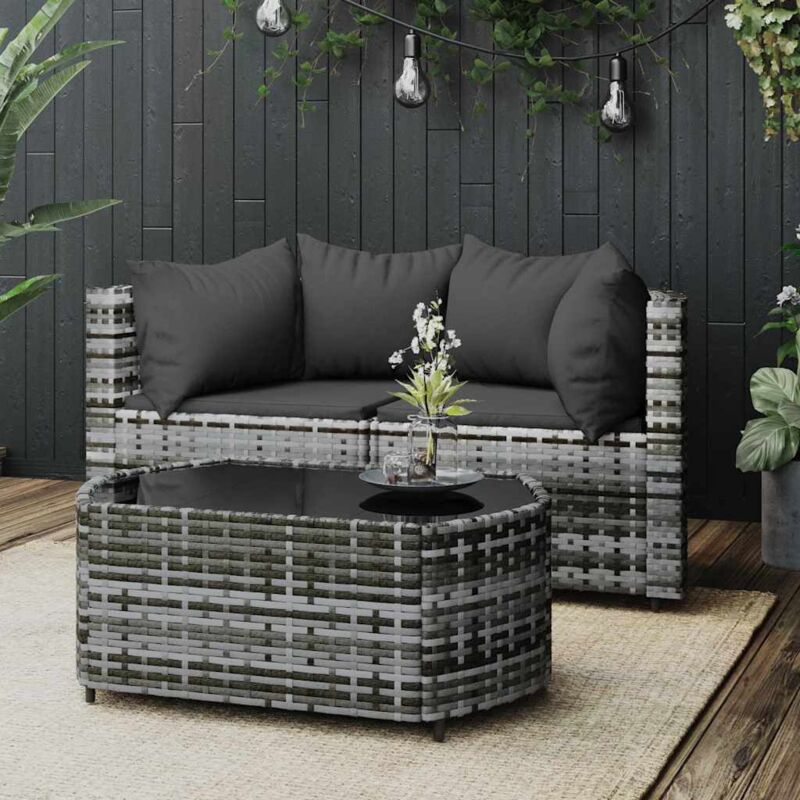 3-tlg. Garten-lounge-set Mit Kissen Grau Poly Rattan - Vidaxl