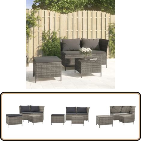 3-tlg. Garten-Lounge-Set mit Kissen Grau Poly Rattan - Gartenloungeset - Ecksofa - Outdoor Möbel - Rattan Gartenmöbel - Gartenmöbel Set
