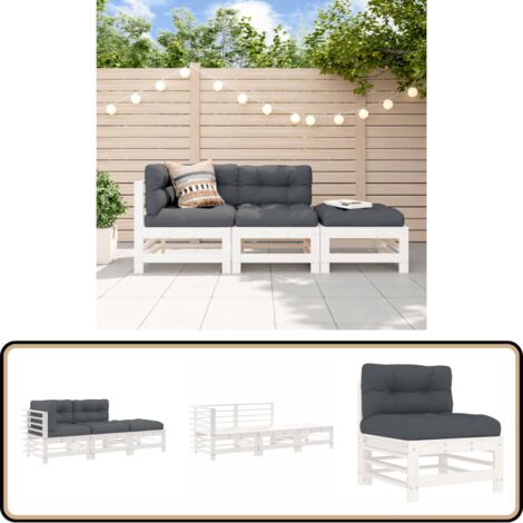 3-tlg. Garten-Lounge-Set mit Kissen Weiß Massivholz - Gartenmöbel - Loungesessel - Rattan Möbel - Holz Gartenmöbel - Esszimmergarnituren
