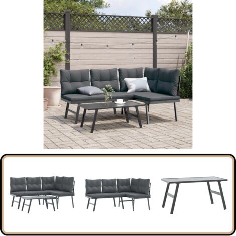 3-tlg. Garten-Sitzgruppe mit Kissen Schwarz Stahl - Gartengarnitur - Gartenmöbelset - Esszimmer Im Freien - Outdoor Möbel - Balkonmöbel