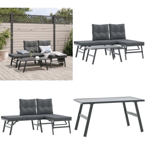 3-tlg. Garten-Sitzgruppe mit Kissen Schwarz Stahl - Gartenzubehör - Gartenmöbel - Gartenset - Esszimmer Im Freien - Outdoor Möbel - Home & Living