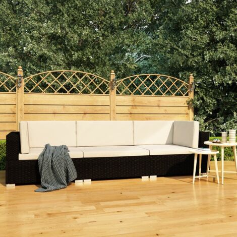 3-tlg. Garten-Sofagarnitur mit Auflagen Poly Rattan Schwarz vidaXL