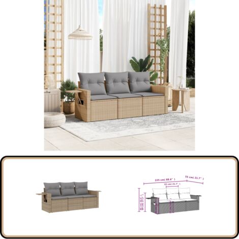 3-tlg. Garten-Sofagarnitur mit Kissen Beige Poly Rattan - Gartenmöbel - Outdoor Möbel - Rattan Gartenset - Lounge Set - Sofasitzgruppe