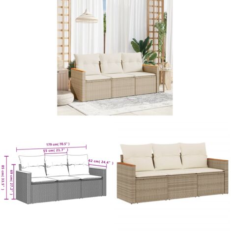 3-tlg. Garten-Sofagarnitur mit Kissen Beige Poly Rattan - Gartensofas - Outdoor Möbel - Lounge Set - Rattan Sofa - Gartenlounge - Home & Living