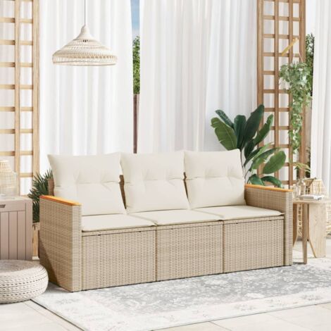 3-tlg. Garten-Sofagarnitur mit Kissen Beige Poly Rattan vidaXL71286