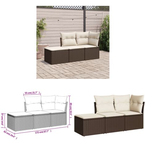 3-tlg. Garten-Sofagarnitur mit Kissen Braun Poly Rattan - Gartenmöbel Set - PE-Rattan Möbel - Outdoor Lounge - Garten Sofa - Esstischgarnitur - Home & Living