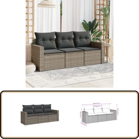 3-tlg. Garten-Sofagarnitur mit Kissen Grau Poly Rattan - Gartensofa - Outdoor Möbel - Lounge Set - Rattan Sofa - Gartenmöbel