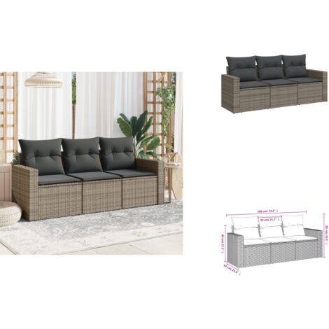 3-tlg. Garten-Sofagarnitur mit Kissen Grau Poly Rattan - Gartensofa - Outdoor Möbel - Lounge Set - Rattan Sofa - Gartenmöbel
