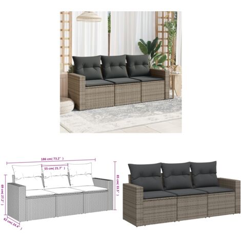 3-tlg. Garten-Sofagarnitur mit Kissen Grau Poly Rattan - Gartensofa - Outdoor Möbel - Lounge Set - Rattan Sofa - Gartenmöbel - Home & Living