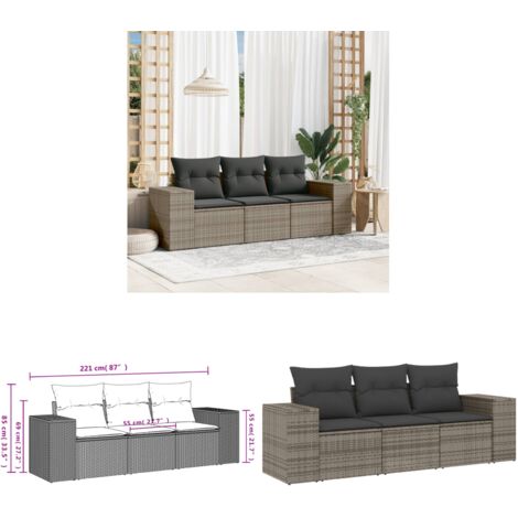 3-tlg. Garten-Sofagarnitur mit Kissen Grau Poly Rattan - Gartensofas - Outdoor Möbel - Gartenmöbelset - Lounge Set - Rattan Gartenmöbel - Home & Living