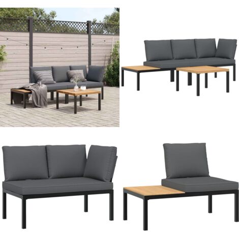 3-tlg. Garten-Sofagarnitur mit Kissen Schwarz Aluminium - Gartensortiment - Gartenmöbeln - Outdoor Möbel - Lounge Set - Esszimmergarnitur - Home & Living