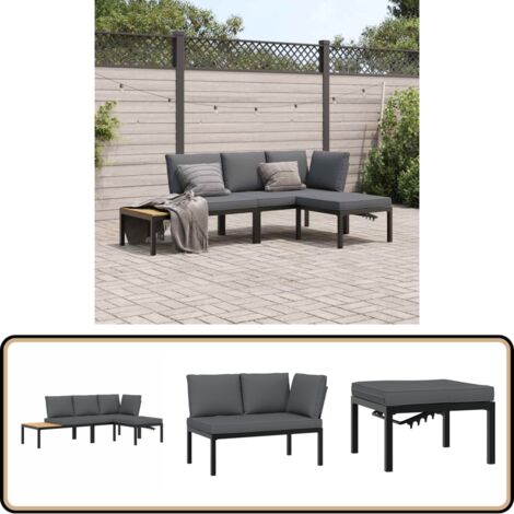 3-tlg. Garten-Sofagarnitur mit Kissen Schwarz Aluminium - Gartensortiment - Gartenmöbelset - Outdoor Möbel - Balkonmöbel - Lounge Set