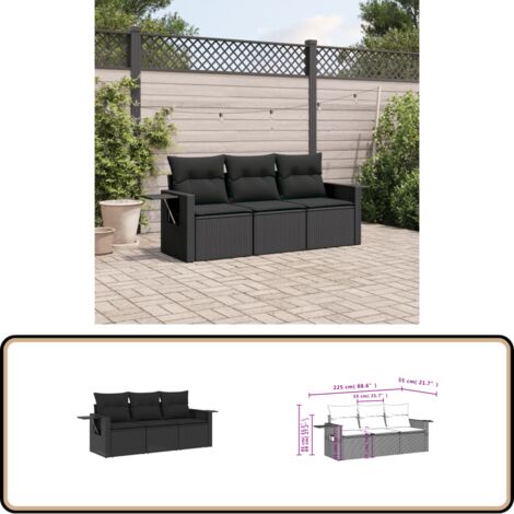 3-tlg. Garten-Sofagarnitur mit Kissen Schwarz Poly Rattan - Gartenmöbel - Outdoor Möbel - Rattan Gartenset - Lounge Set - Sofasitzgruppe