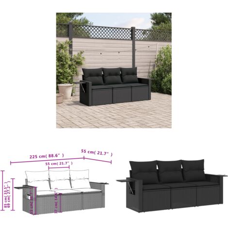 3-tlg. Garten-Sofagarnitur mit Kissen Schwarz Poly Rattan - Gartenmöbel - Outdoor Möbel - Rattan Gartenset - Lounge Set - Sofasitzgruppe - Home & Living