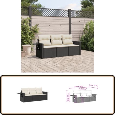 3-tlg. Garten-Sofagarnitur mit Kissen Schwarz Poly Rattan - Gartenmöbel - PE-Rattan - Outdoor Möbel - Lounge Set - Sofasitzgruppe
