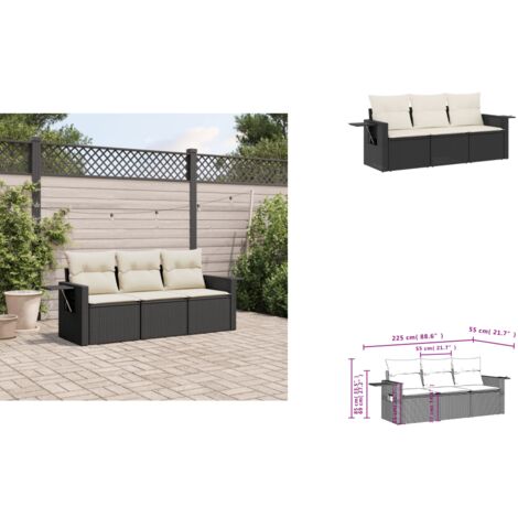3-tlg. Garten-Sofagarnitur mit Kissen Schwarz Poly Rattan - Gartenmöbel - PE-Rattan - Outdoor Möbel - Lounge Set - Sofasitzgruppe