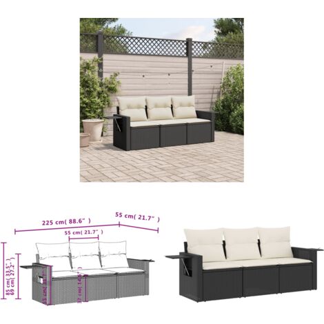 3-tlg. Garten-Sofagarnitur mit Kissen Schwarz Poly Rattan - Gartenmöbel - PE-Rattan - Outdoor Möbel - Lounge Set - Sofasitzgruppe - Home & Living