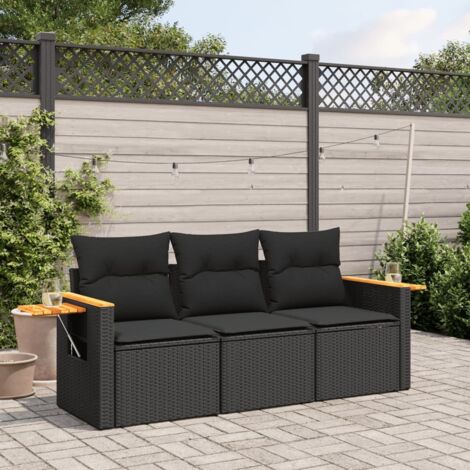 3-tlg. Garten-Sofagarnitur mit Kissen Schwarz Poly Rattan vidaXL