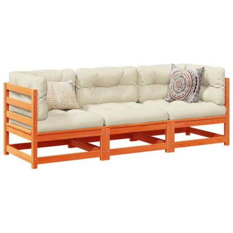 3-tlg. Garten-Sofagarnitur mit Kissen Wachsbraun Kiefernholz vidaXL