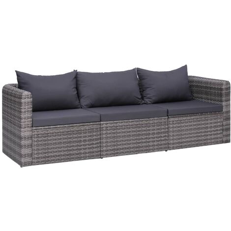 3-tlg. Garten-Sofagarnitur，Gartenmöbel-Set mit Kissen Grau Poly Rattan vidaXL