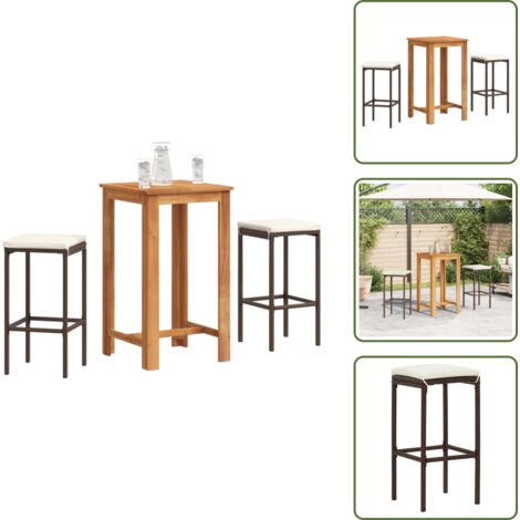 3-tlg. Gartenbar-Set Braun Massivholz Akazie und Poly Rattan - Gartenbar Set - Gartenmöbel - Esszimmergarnitur - Balkonmöbel - Terrasse Möbel