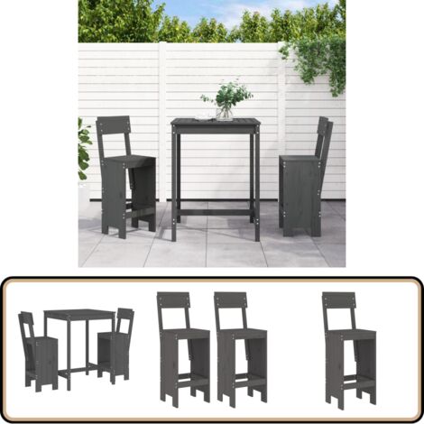 3-tlg. Gartenbar-Set Grau Massivholz Kiefer - Gartentisch - Barhocker - Gartenmöbel - Outdoor Möbel - Holzmöbel