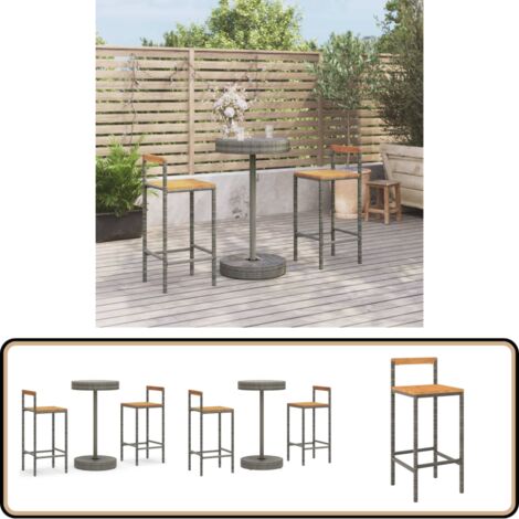 3-tlg. Gartenbar-Set Grau Poly Rattan & Massivholz Akazie - Gartenbar Set - Outdoor Möbel - Esszimmergarnitur - Balkonmöbel - Terrassenmöbel