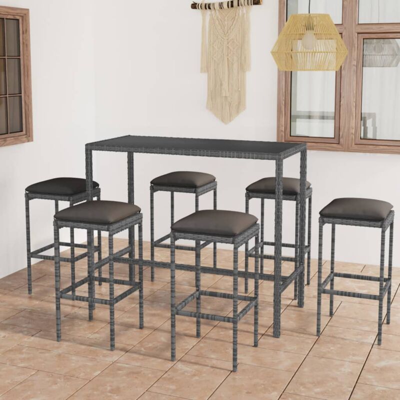 7-tlg. Gartenbar-set Mit Kissen Poly Rattan Grau - Vidaxl
