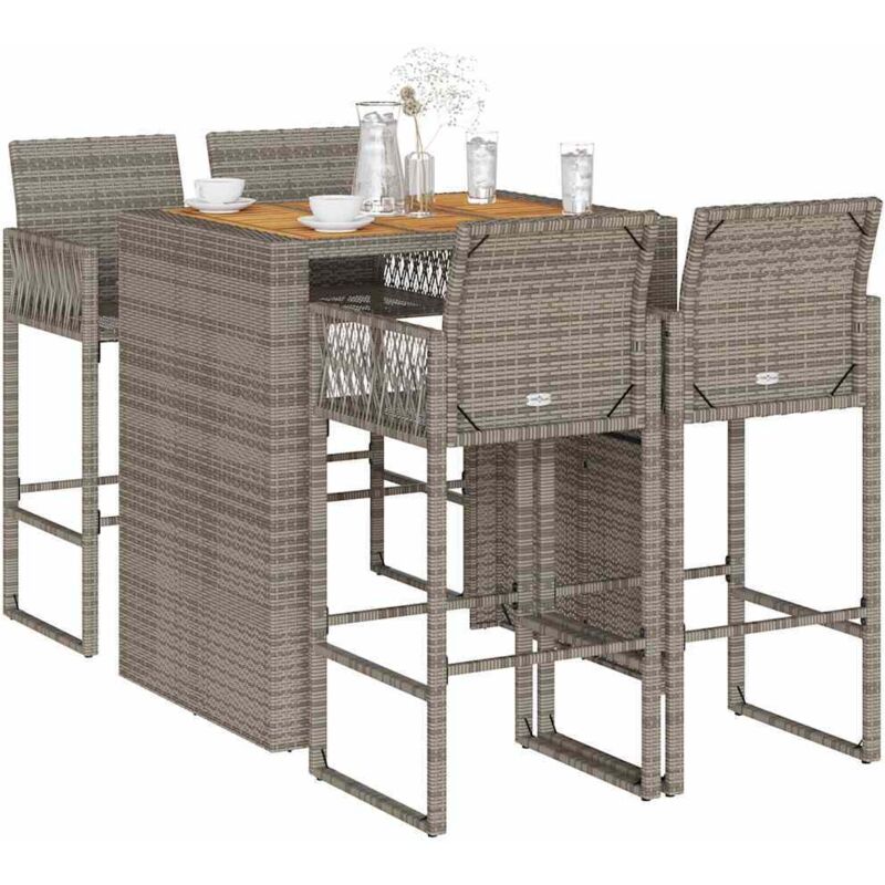 5-tlg. Gartenbar-set Ohne Kissen Grau Poly Rattan Akazie - Vidaxl