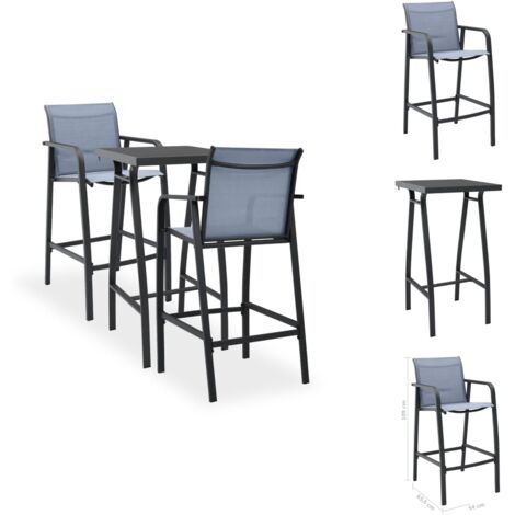 3-tlg. Gartenbar-Set Schwarz und Grau - Gartensofa - Esstisch Aus Glas - Outdoor Möbel - Balkonmöbel - Terrassenmöbel