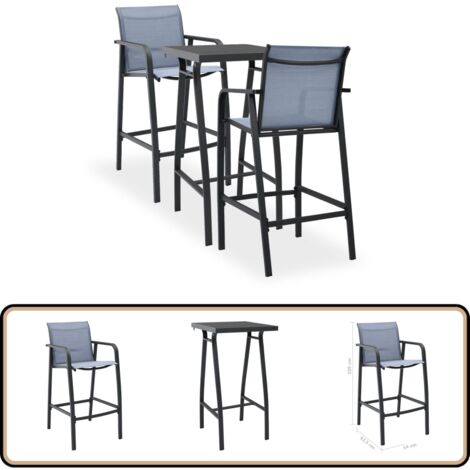 3-tlg. Gartenbar-Set Schwarz und Grau - Gartensofa - Esstisch Aus Glas - Outdoor Möbel - Balkonmöbel - Terrassenmöbel