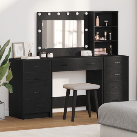 3-tlg. Schminktisch-Set mit LED-Leuchten Schwarz Holzwerkstoff vidaXL590492